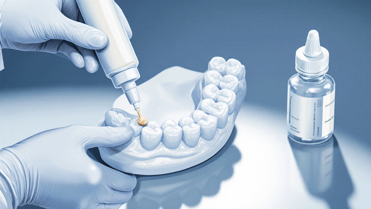 Dentální profesionál nanáší cement na vnitřní stranu zubní protézy.