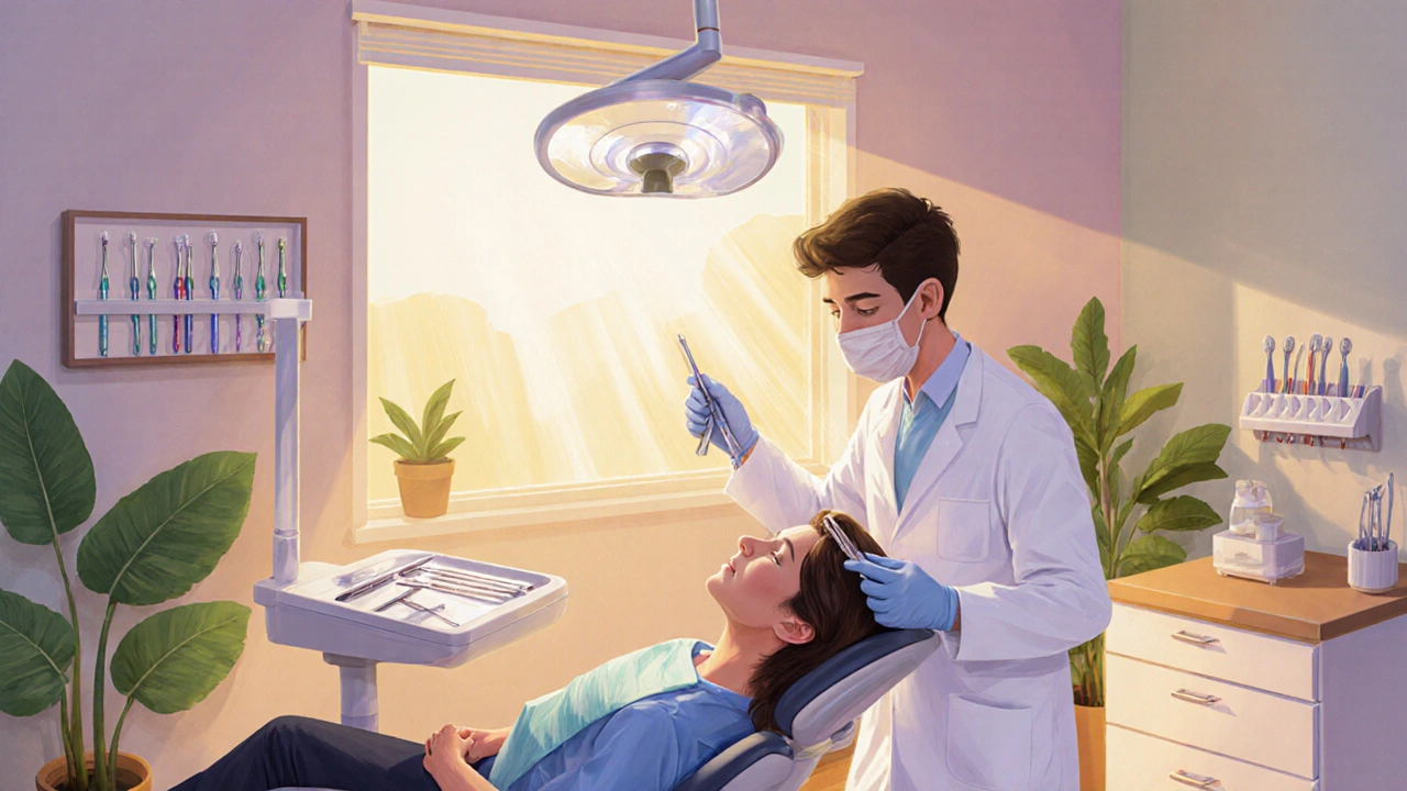Dentista provádí profesionální čištění zubů v moderním ordinaci.