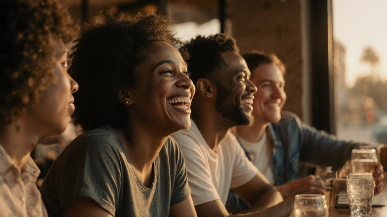 Dospělí lidé se smějí v kavárně, jedna žena usmívá se volně s zarovnanými zuby.