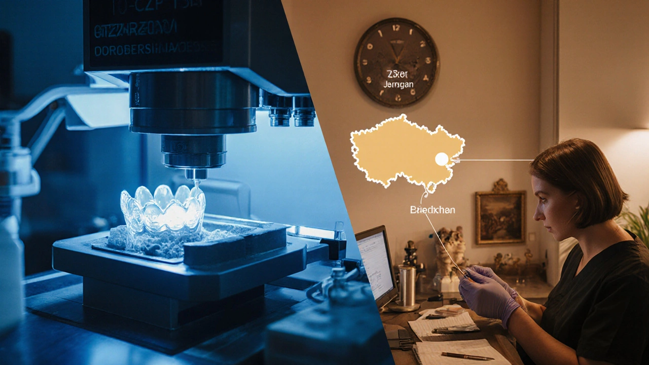 Dvě scény: high‑tech laboratoř s CNC strojem a malý zubní úřad, zobrazují faktory ceny.