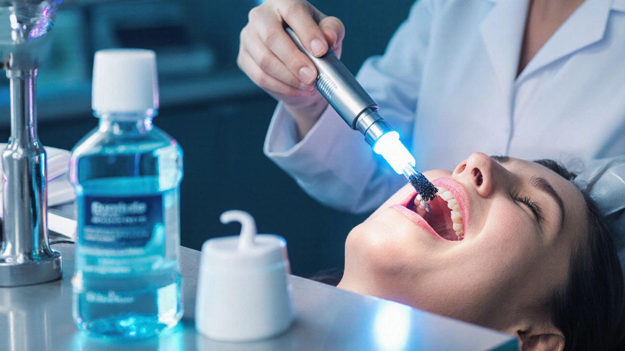 Ilustrace dentální hygienistky, jak ultrazvukově odstraňuje černý zubní kámen.