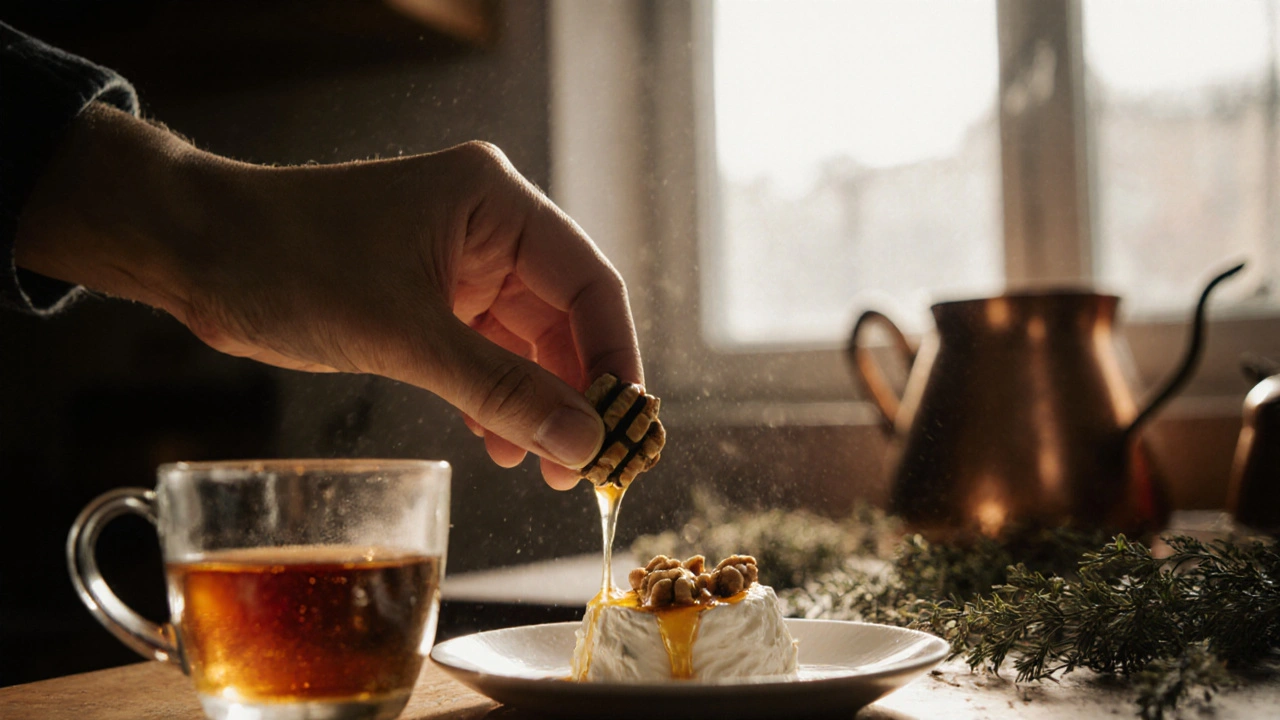 Kousíček tvarohu s medem a oříšky na porcelánové mísce.