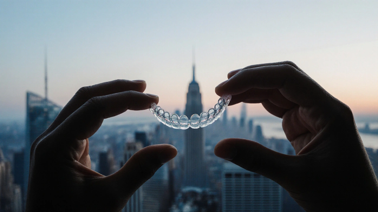 Průhledný ortodontický výdrž je držen v ruce proti městskému výhledu ve večerním světle.