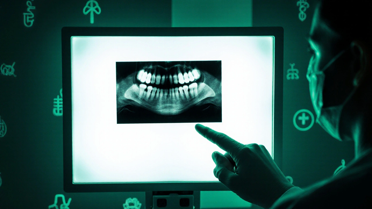 Rentgenový snímek ukazuje tmavou šmouhu mezi zuby.