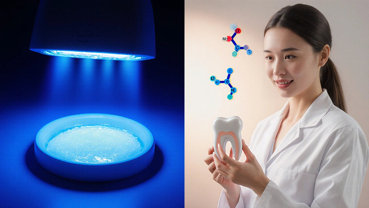 Rozdělený obraz – levá strana LED lampa, pravá strana zubař s molekulami peroxidu.