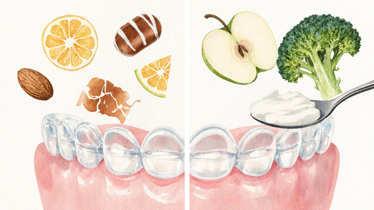 Rozdělený obraz ukazuje tvrdé potraviny poškozující rovnáky a měkké alternativy, které jsou bezpečné.