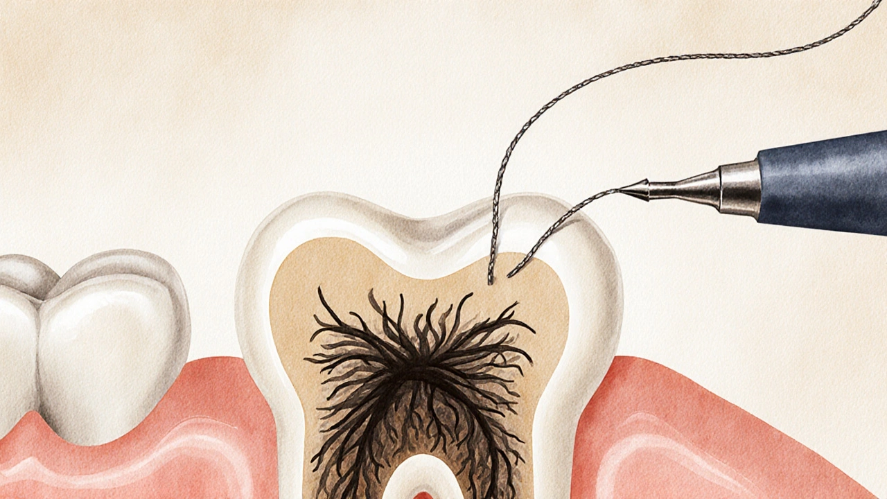 Skrytý kaz mezi zuby jako temné kořeny, zatímco zubní nit přichází na pomoc.