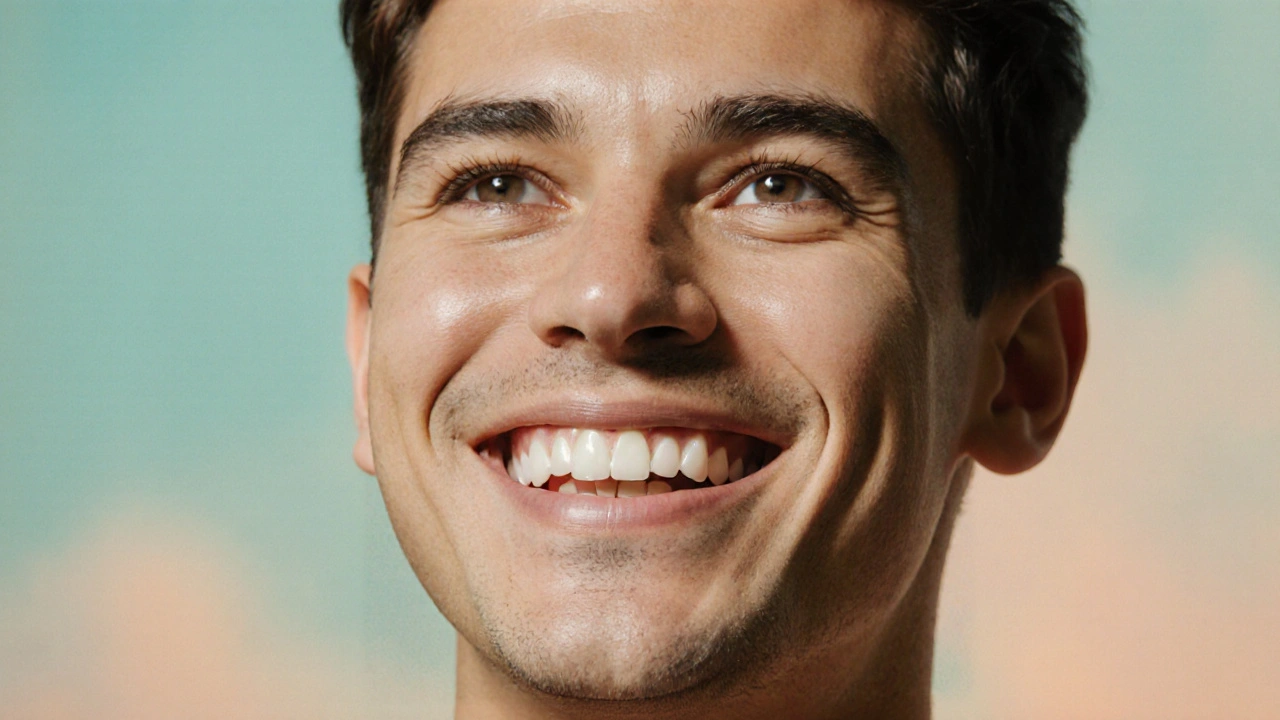 Spokojený muž s dokonalým bílým úsměvem po aplikaci fazet.
