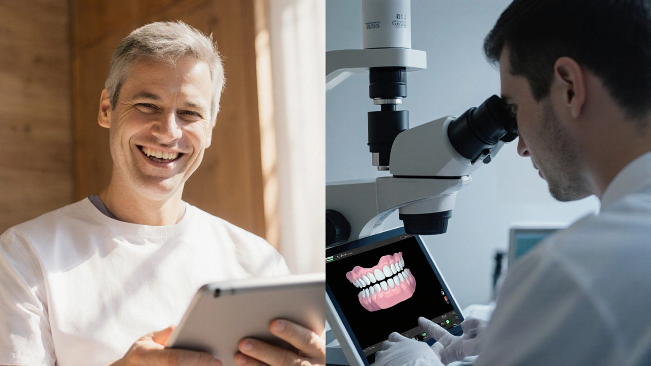 Spokojený pacient po fasetách a technik v laboratoři kontroluje fazetu.