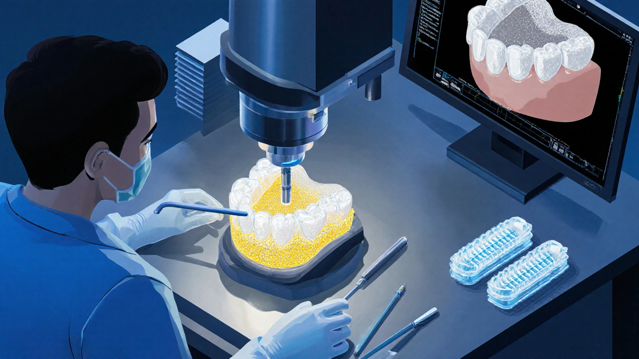 Technik v laboratoři vyrábí kompozitní inlay pomocí CAD/CAM.