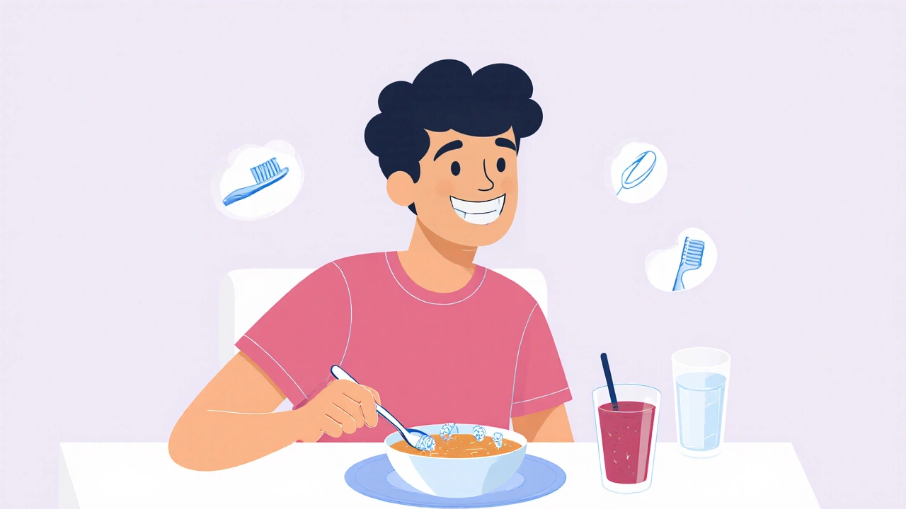 Teenager s rovnáky jí polévku a smoothie, vedle zubní kartáček.