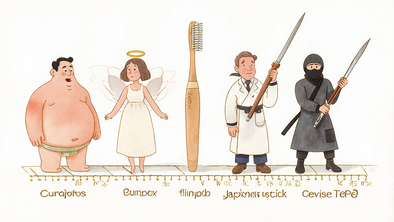 Umělecké porovnání pěti značek mezizubních kartáčků jako postav s různými vlastnostmi.