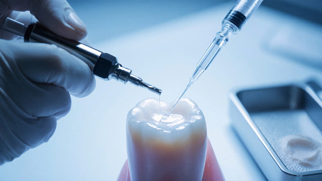 Zubař připravuje zub a aplikuje kompozitní materiál.