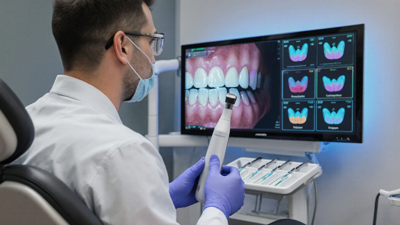 Zubař v moderní klinice kontroluje rozbitý zub pomocí digitálního skeneru.