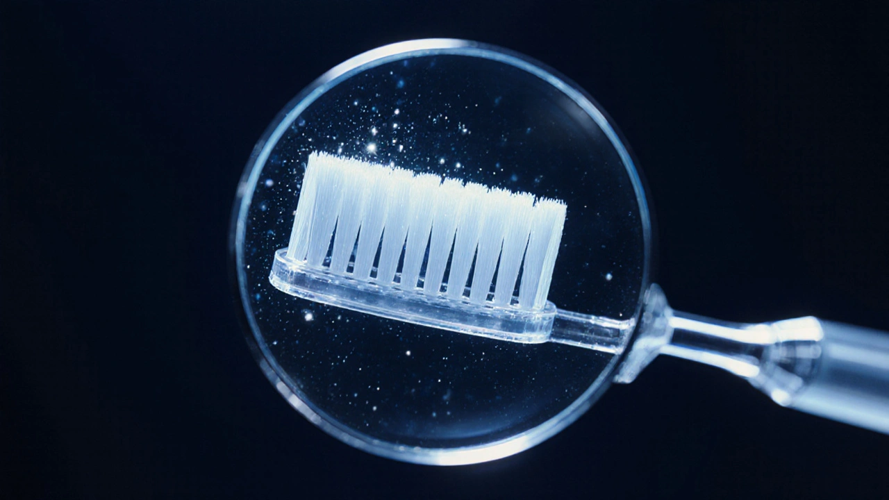 Zvětšený detail kartáčku Curaprox s tisíci jemných štětin, odstraňujících plak.