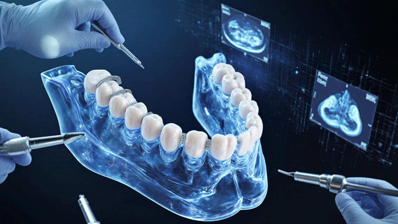 3D model čelisti během operace s viditelnými řezy a mikrošrouby, znázorňující přesné přestavění kostí.