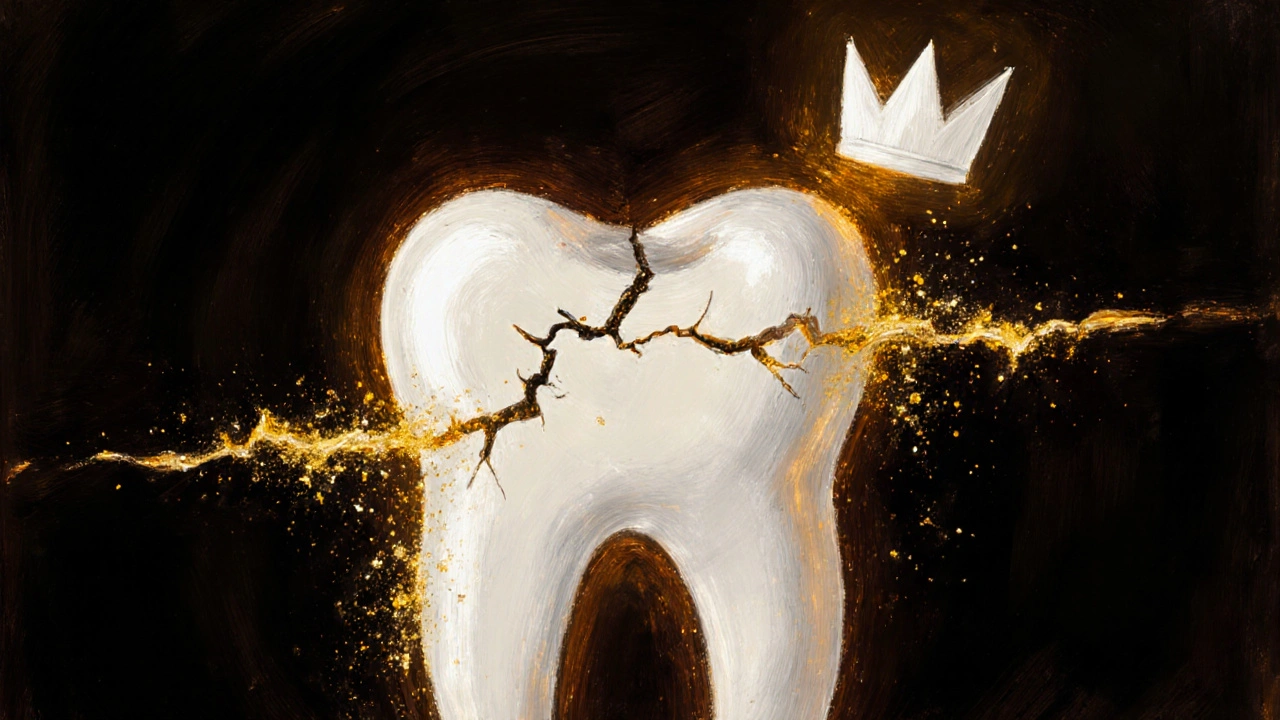 A white dental filling symbolized as a golden bridge preventing tooth collapse.