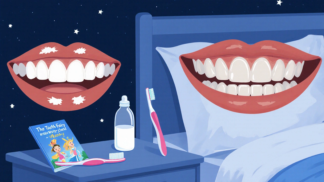Bílé skvrny na horních zubech dítěte vedle vody místo láhve přes noc.