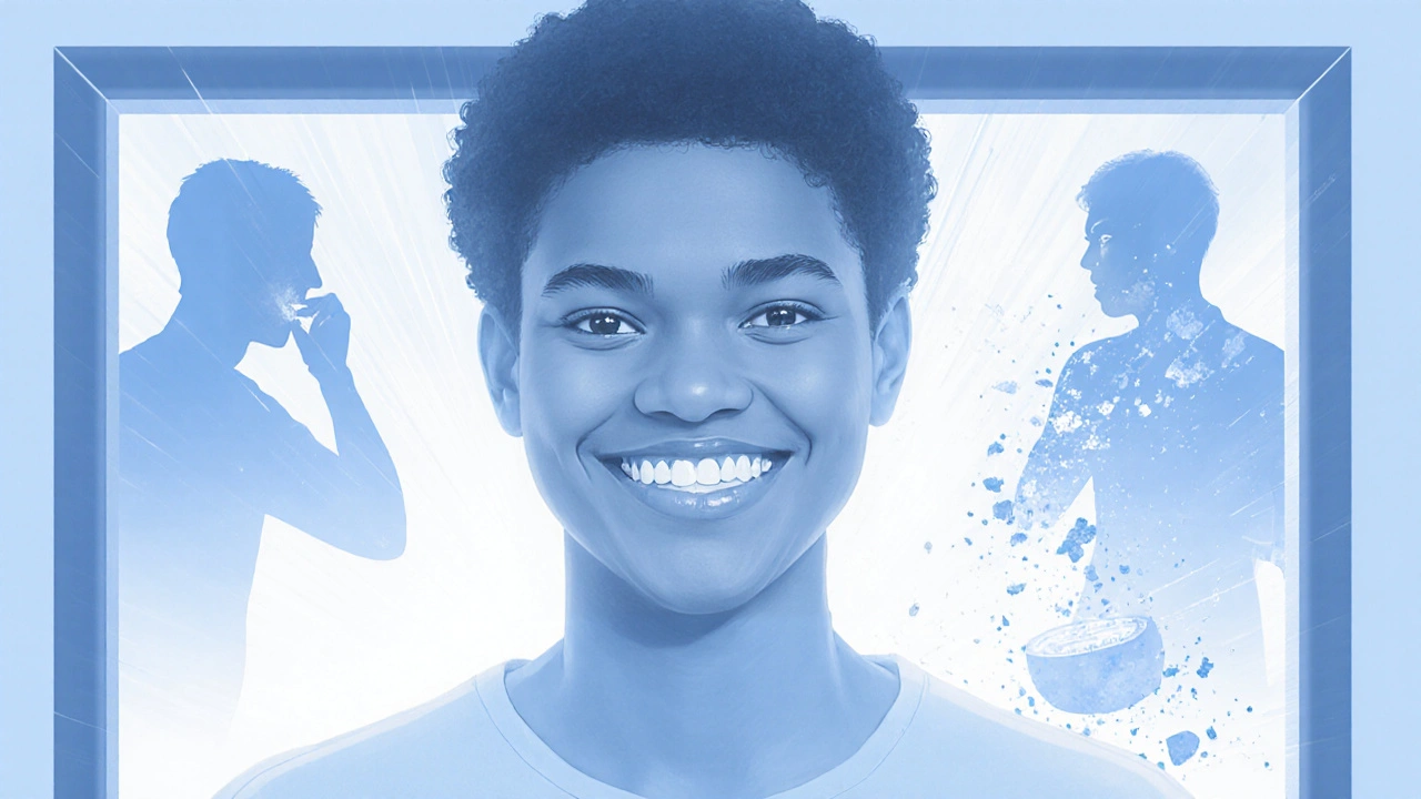 Člověk s průhlednými rovnátky v úsměvu, za ním zanikající špatné návyky.