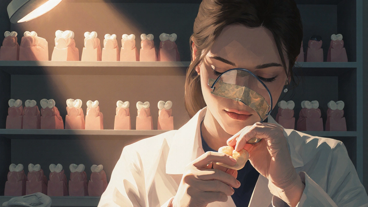 Dentální technik připevňuje keramickou fazetu na zubní model v laboratoři.