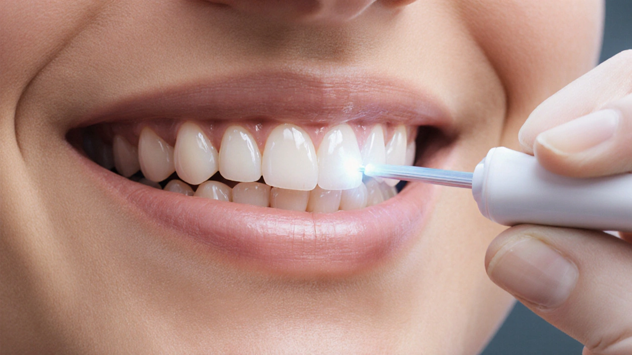 Dentista aplikuje kompozitní plombu na mezery mezi předními zuby v klinice.