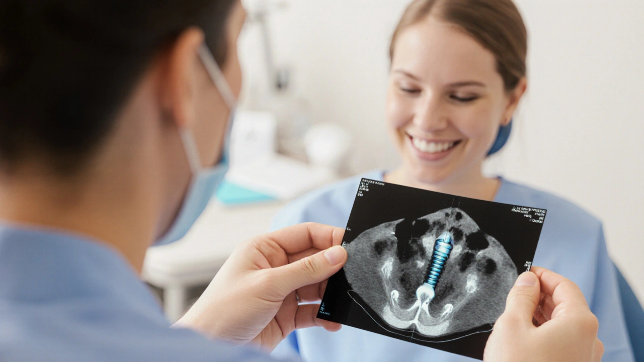 Dentista drží CT snímek s viditelným implantátem v čelisti, pacient se usmívá v pozadí.