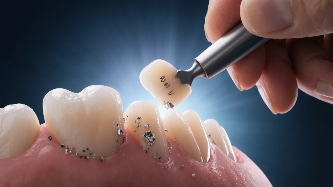 Dentista odstraňuje keramické rovnátko pomocí speciálního nástroje.