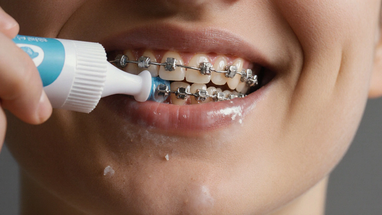 Detailní pohled na čištění mezizubního kartáčku mezi drátky rovnátek.