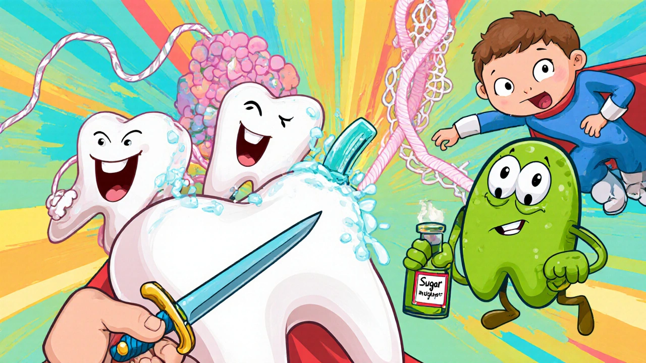 Dětské zuby jako hrdinové bojují proti bakteriím plaku ve stylu kresleného příběhu.