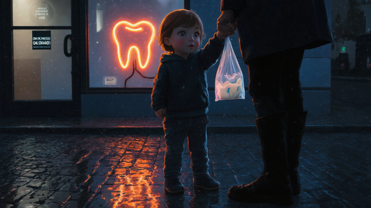 Dítě drží vypadlý mléčný zub v sáčku s mlékem před noci osvětlenou zubní klinikou v Praze.