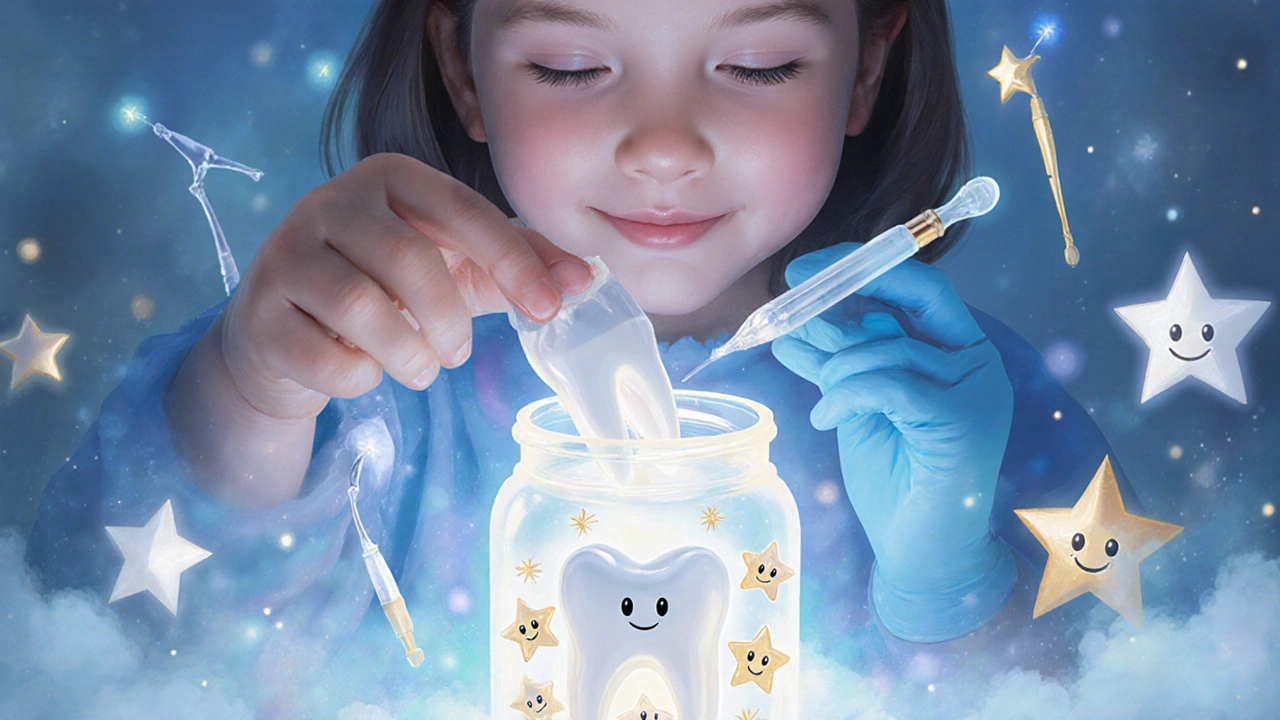 Dítě ukládá zub do kouzelné sklenice s hvězdami, zubař používá bezjehlovou anestezii v magickém prostředí.