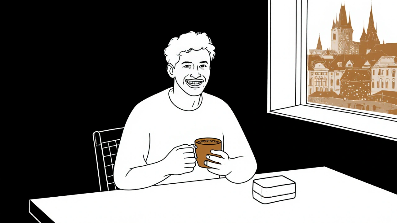 Dospělý s průhlednými rovnátky v pražské kavárně, jeho odraz ukazuje dřívější stav zubů.