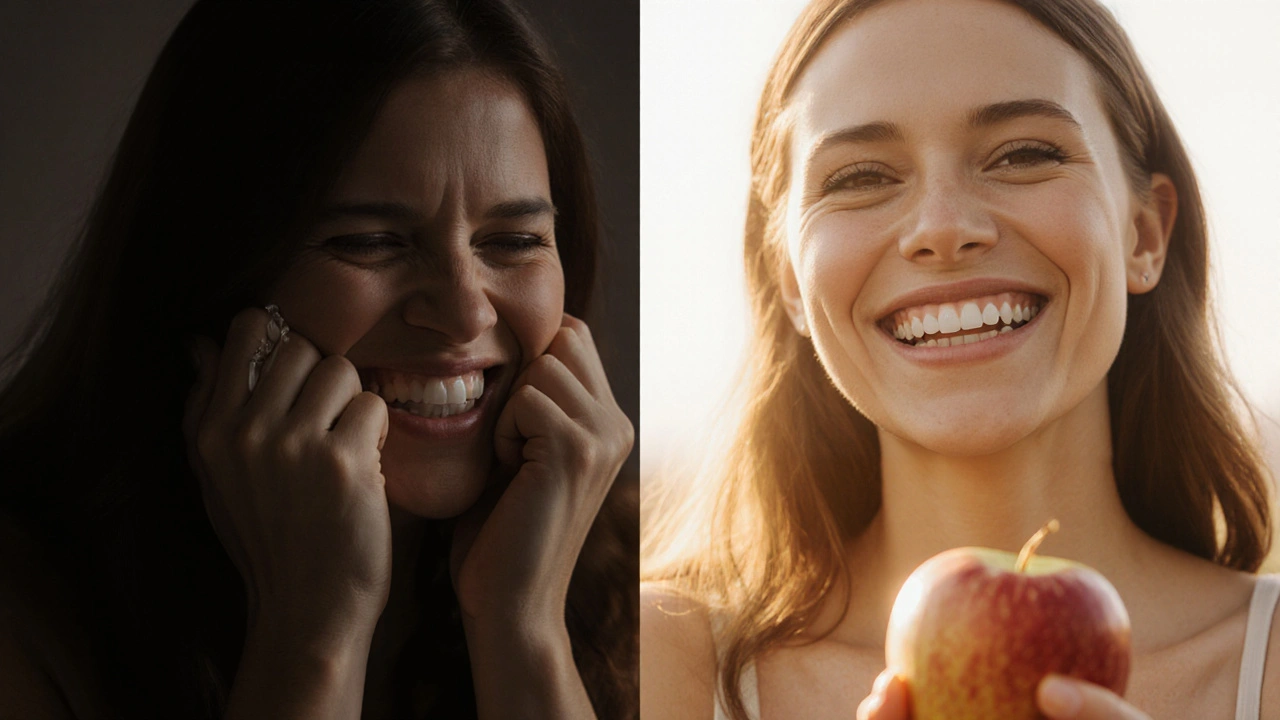 Dvě části obrazu: jedna ukazuje bolestivý výraz, druhá volný úsměv s rovnými zuby.