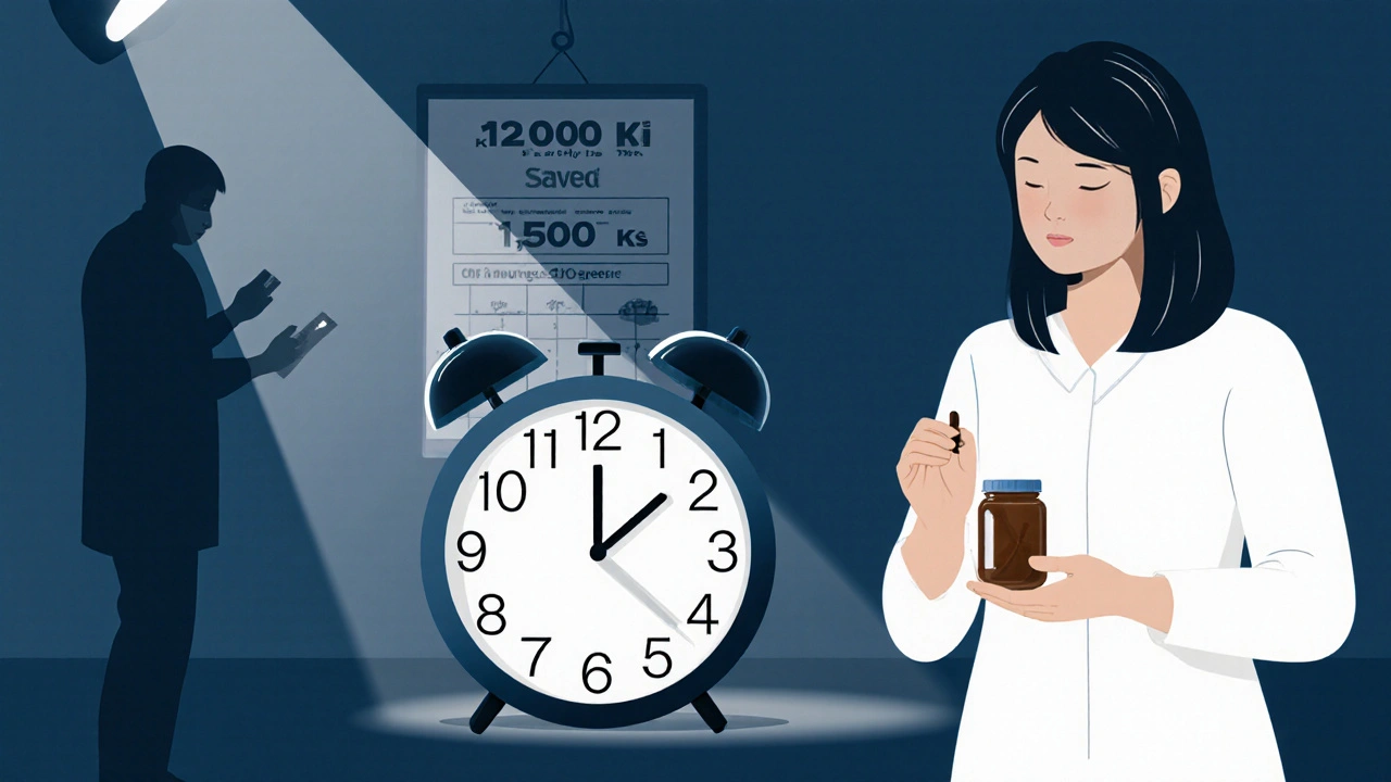 Hodiny s zuby namísto čísel ukazují 11 měsíců, žena drží hřebíček, za ní stín zubaře a srovnání nákladů léčby.