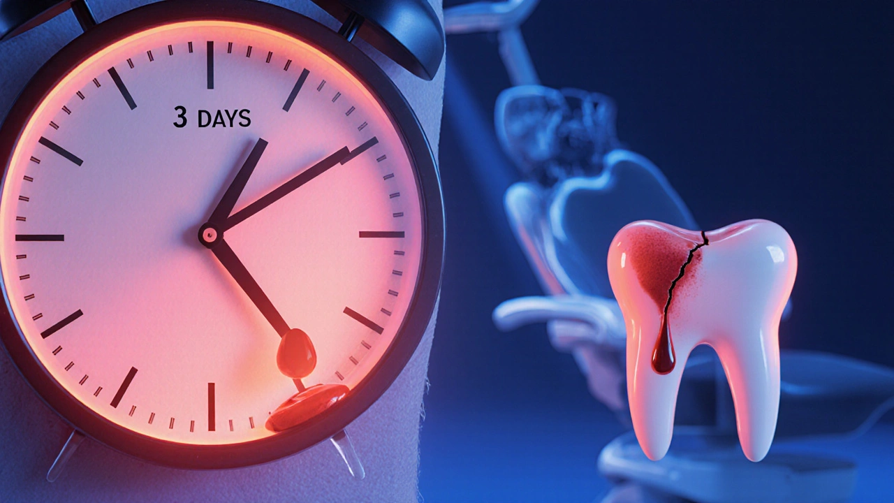 Hodiny ukazují 3 dny bolesti, jedna strana tváře je opuchlá a červená.