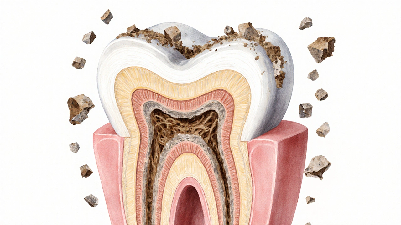 Křížový řez zubu během přípravy na korunku s odstraněnými poškozenými částmi.