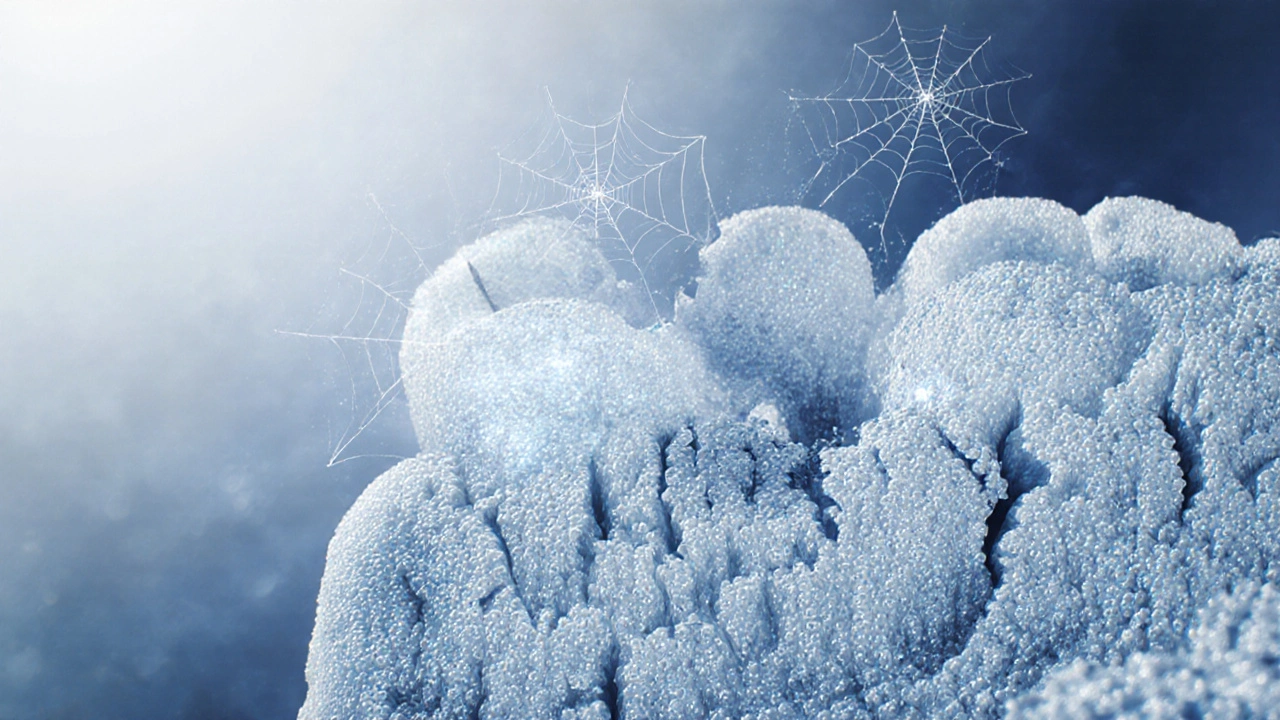 Mikroskopický pohled na krystalickou strukturu zubní skloviny s poškozenými sloupečky.