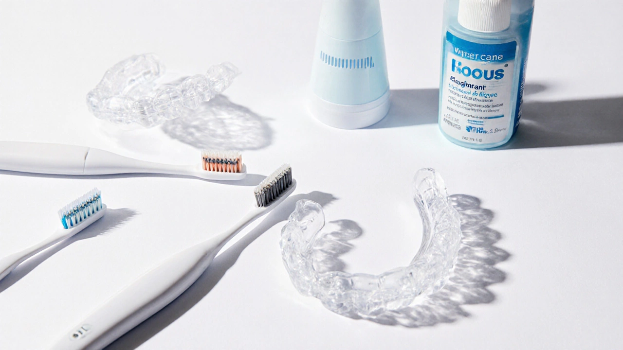 Neviditelná rovnátka s potřebnými nástroji pro péči: kartáček, vodní čistička, fluoridová pasta a zubní nit.