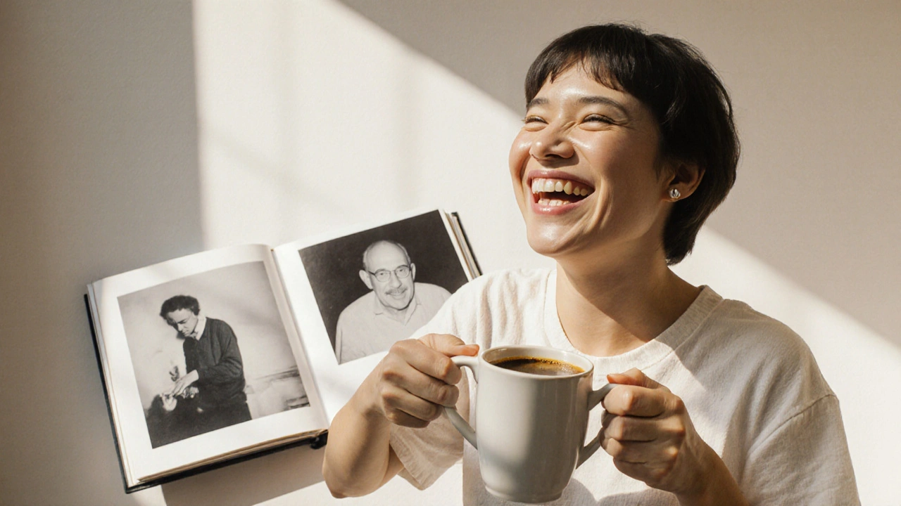 Osoba se směje v kuchyni, její úsměv osvětluje místnost, za ní stará fotografie.