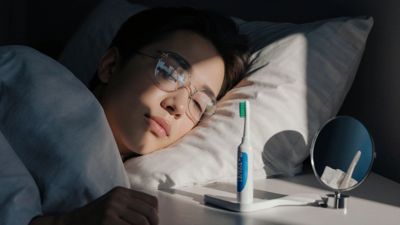 Osoba spí s nočním štítem, na nočním stolku jsou kartáček a zubní pasta.