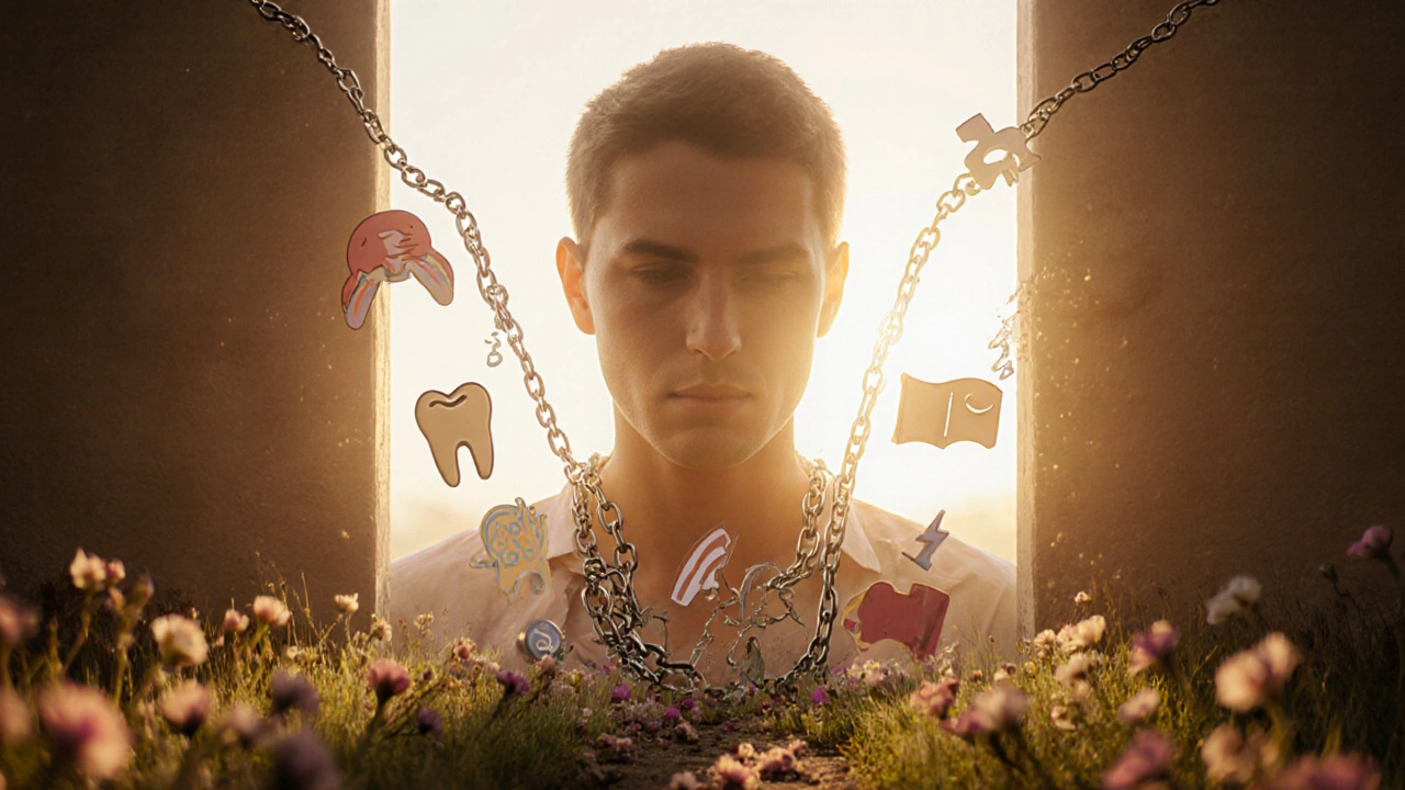 Osoba vystupuje ze tmavy do světla, zlomené řetězy symbolizují bolest, zatímco květiny představují nový začátek.