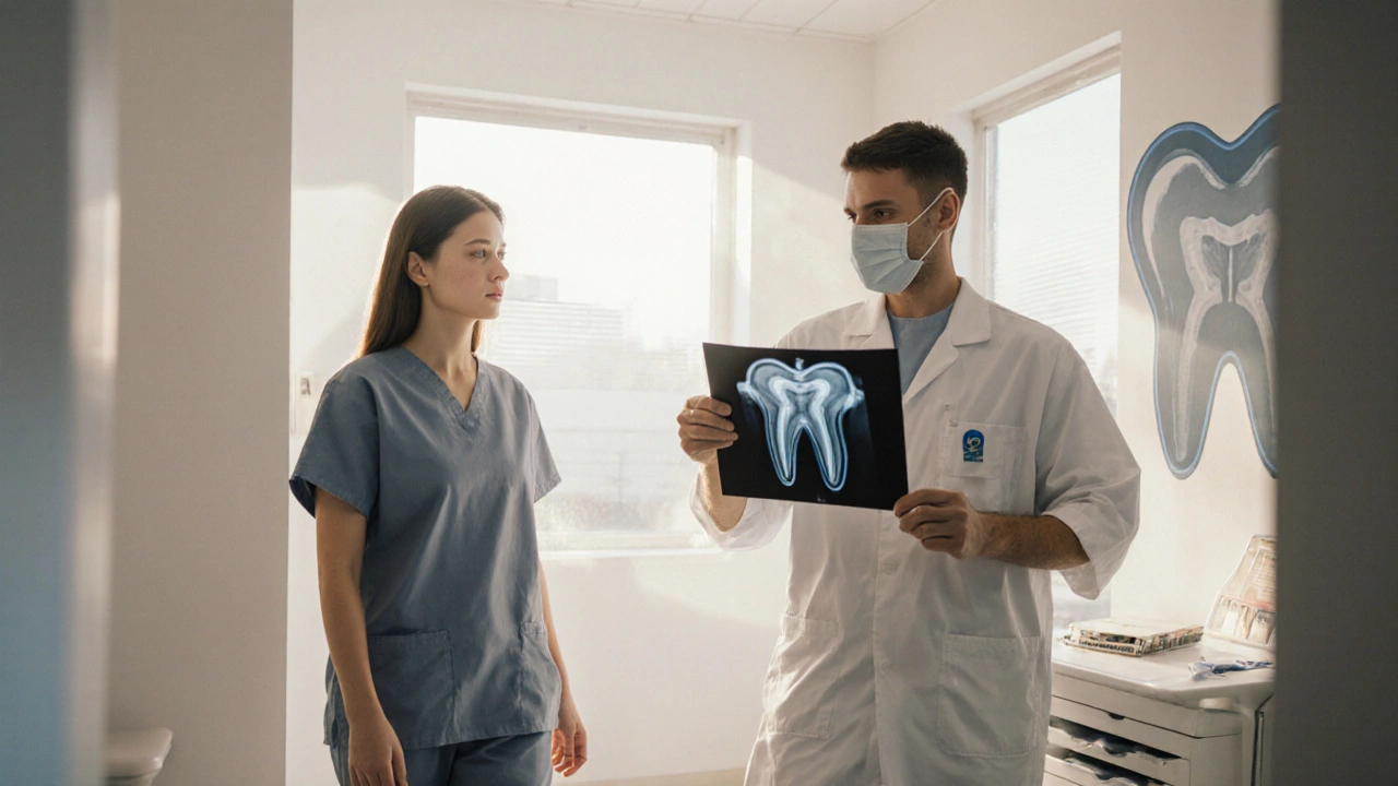 Pacient vstupuje do zubní kliniky ráno, lékař drží rentgenový snímek.