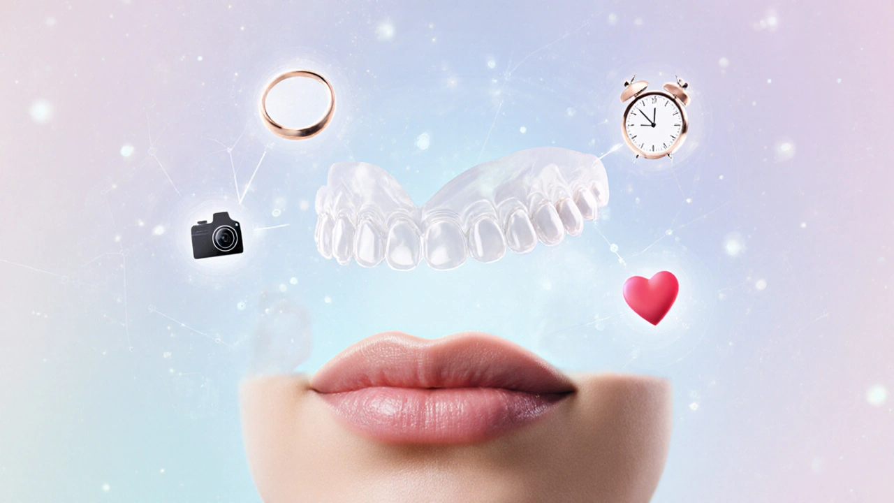 Přechodná nalepovací zubařská řešení symbolizující krásu bez trvalých změn.