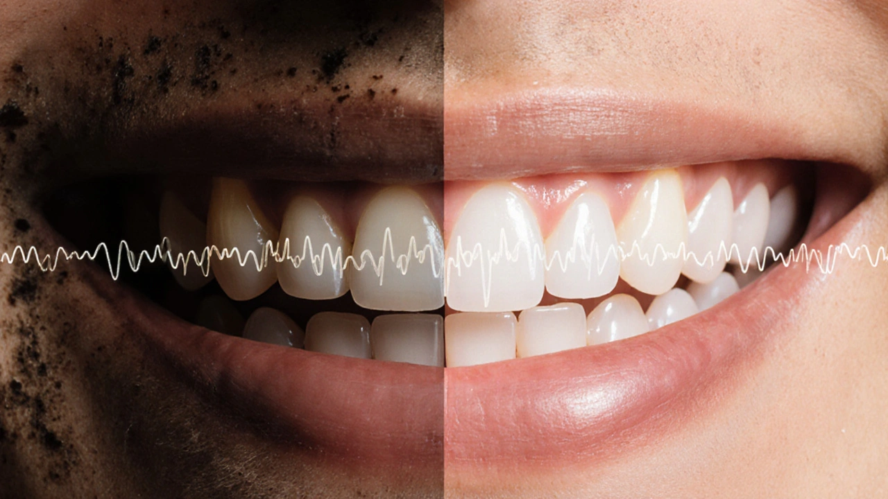 Před a po: znečištěné zuby se mění na čisté a lesklé díky ultrazvukovému čištění.