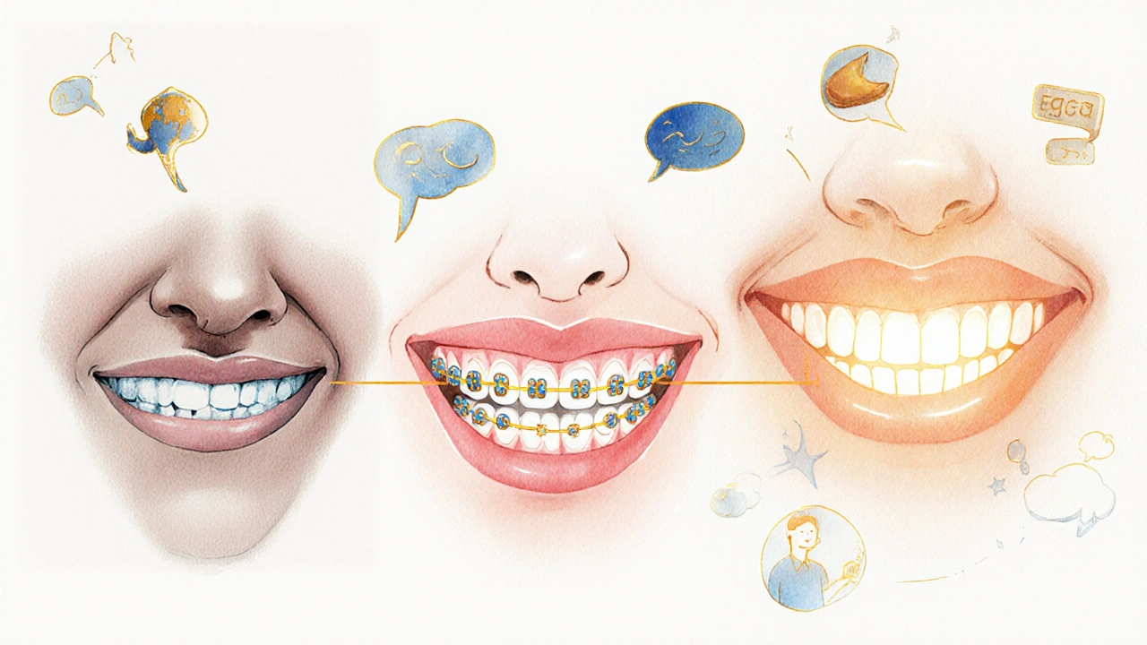 Přeměna úsměvu od zkřivených zubů k dokonalému řádu s jemnými čarami vyjadřujícími korekci.