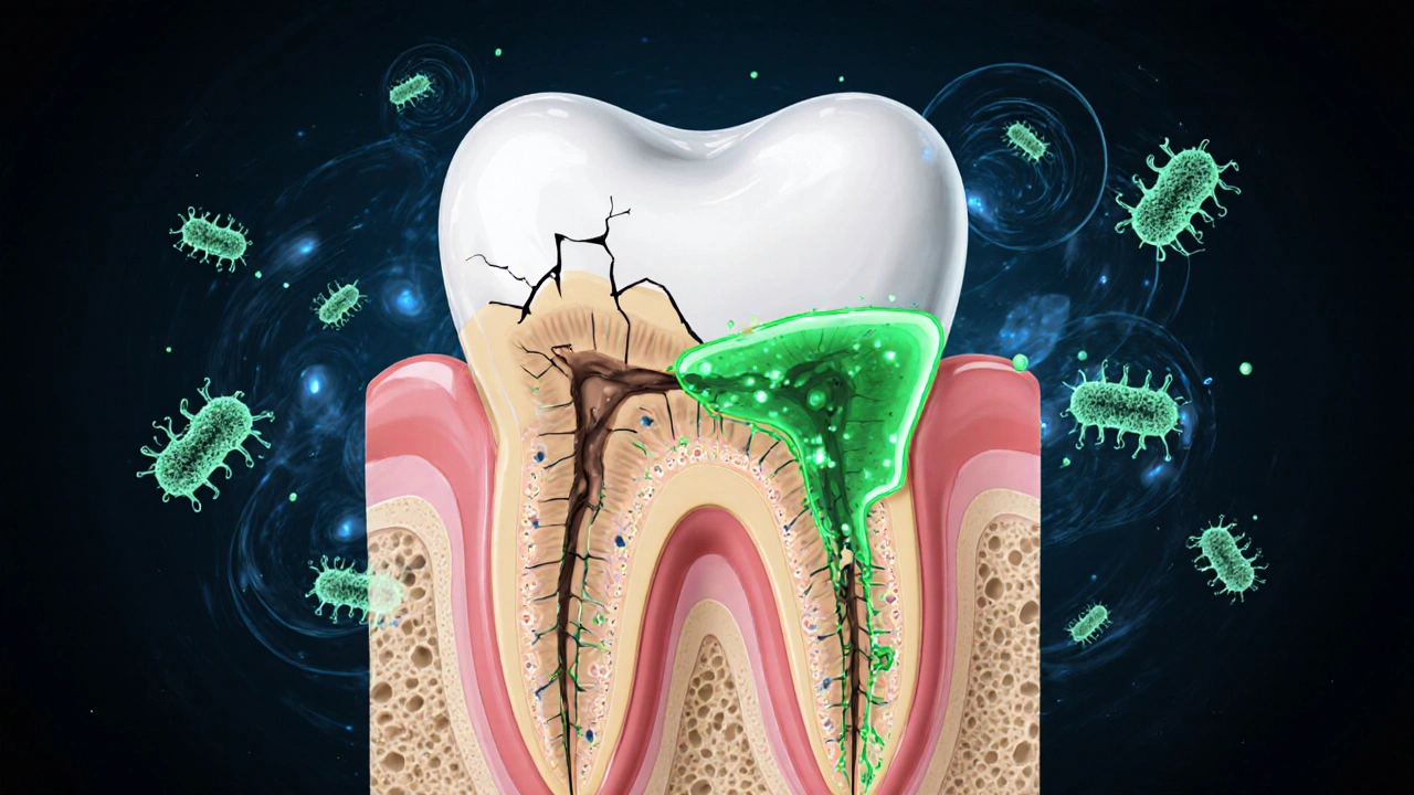 Příčina ztráty kosti kolem zubu – bakterie ničí vazivo, zatímco léky ho obnovují.