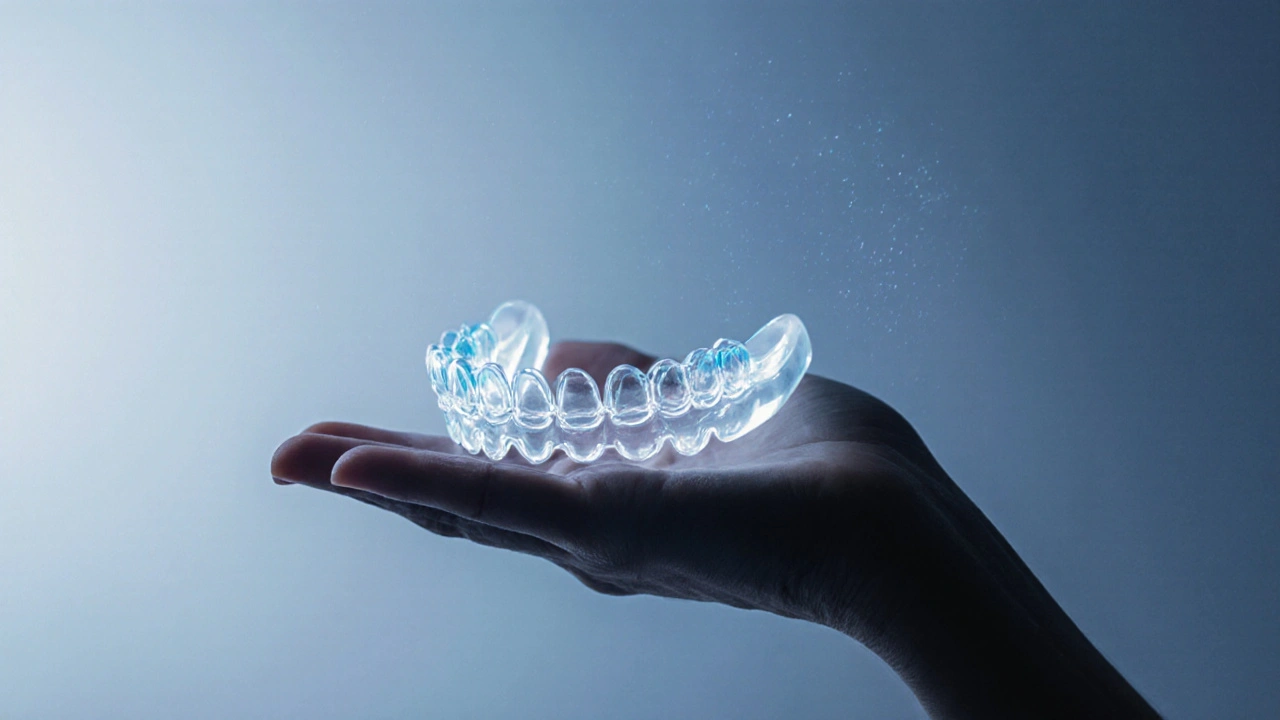 Průhledná fólie s jemným přechodem z křivých na rovné zuby.