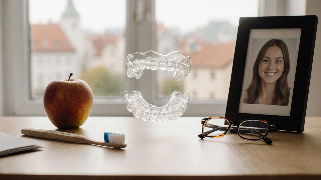 Průhledná rovnátka leží nad stolem vedle zubní kartáček, jablka a fotografie.