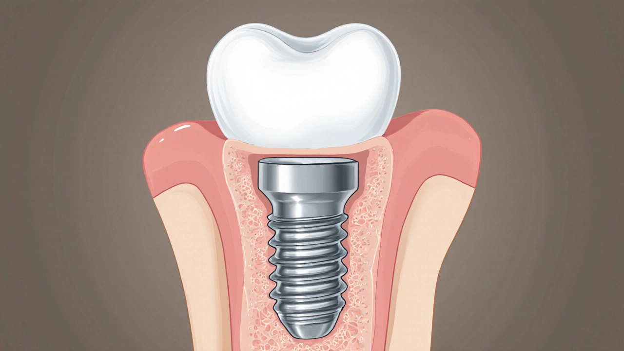 Průřez čelistí s titanovým implantátem integrovaným do kosti a spojkou pod dásní.