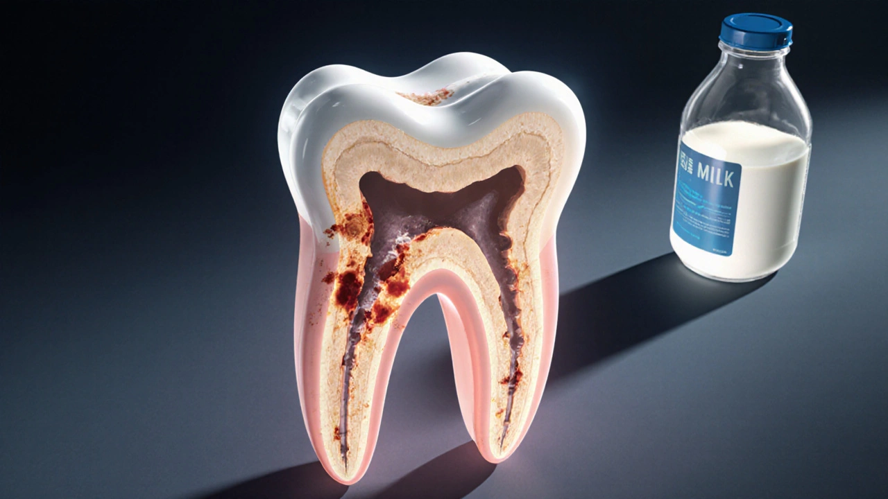 Průřez mléčného zubu ukazuje rychlé poškození plakem a vliv fluoridu na trvalý zub.